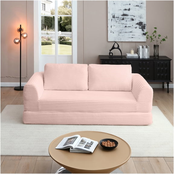 JERFIT 2-in-1 Convertible Sofa Bed with Pillows, Modern Corduroy Sleeper Futon Couch for Living Room, No Assembly Required, Pink