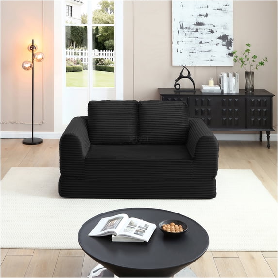 JERFIT 2-in-1 Folding Sofa Bed, Modern Corduroy Sleeper Loveseat with Pillows, No Assembly Futon Couch for Small Space, Apartment, Dorm, Living Room, Black