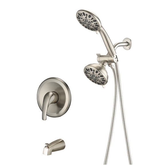 JERFIT 2-in-1 High Pressure Rain Shower System Combo, Wall Mounted Dual Shower Head with Handheld, 7 Spray Modes, Brushed Nickel Finish, Includes Rough-in Valve and Tub Spout