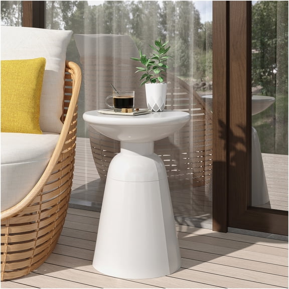 JERFIT 20.75 inch Outdoor Patio End Table with Pedestal Base, White Powder-Coated Iron Side Table for Porch, Poolside, Garden