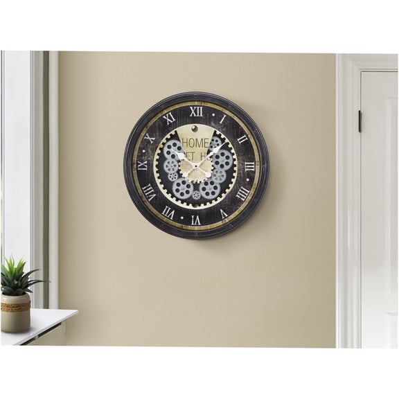 JERFIT 20 Inch Brown Wall Clock with Moving Gears, Roman Numerals and Glass Face, Silent Quartz Movement, Vintage Industrial Decor