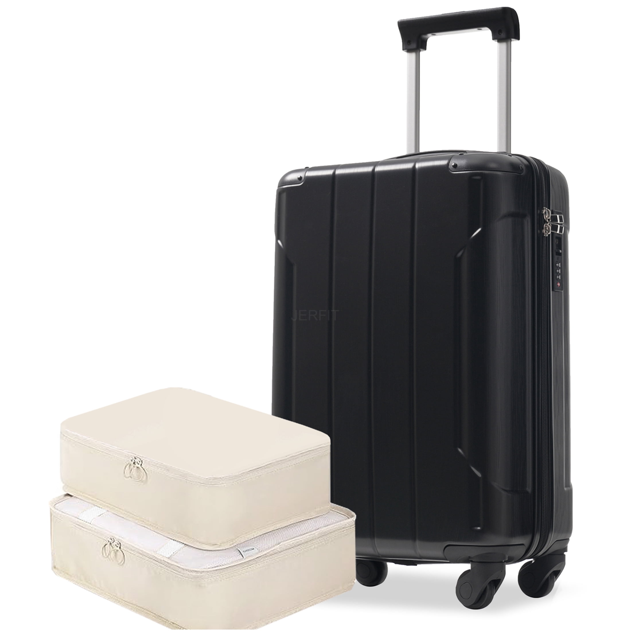 JERFIT 20-Inch Carry On Luggage with TSA Lock, Hardshell ABS Spinner Suitcase, Lightweight Check-In Approved Underseat Travel Bag, Includes Packing Cubes, Black