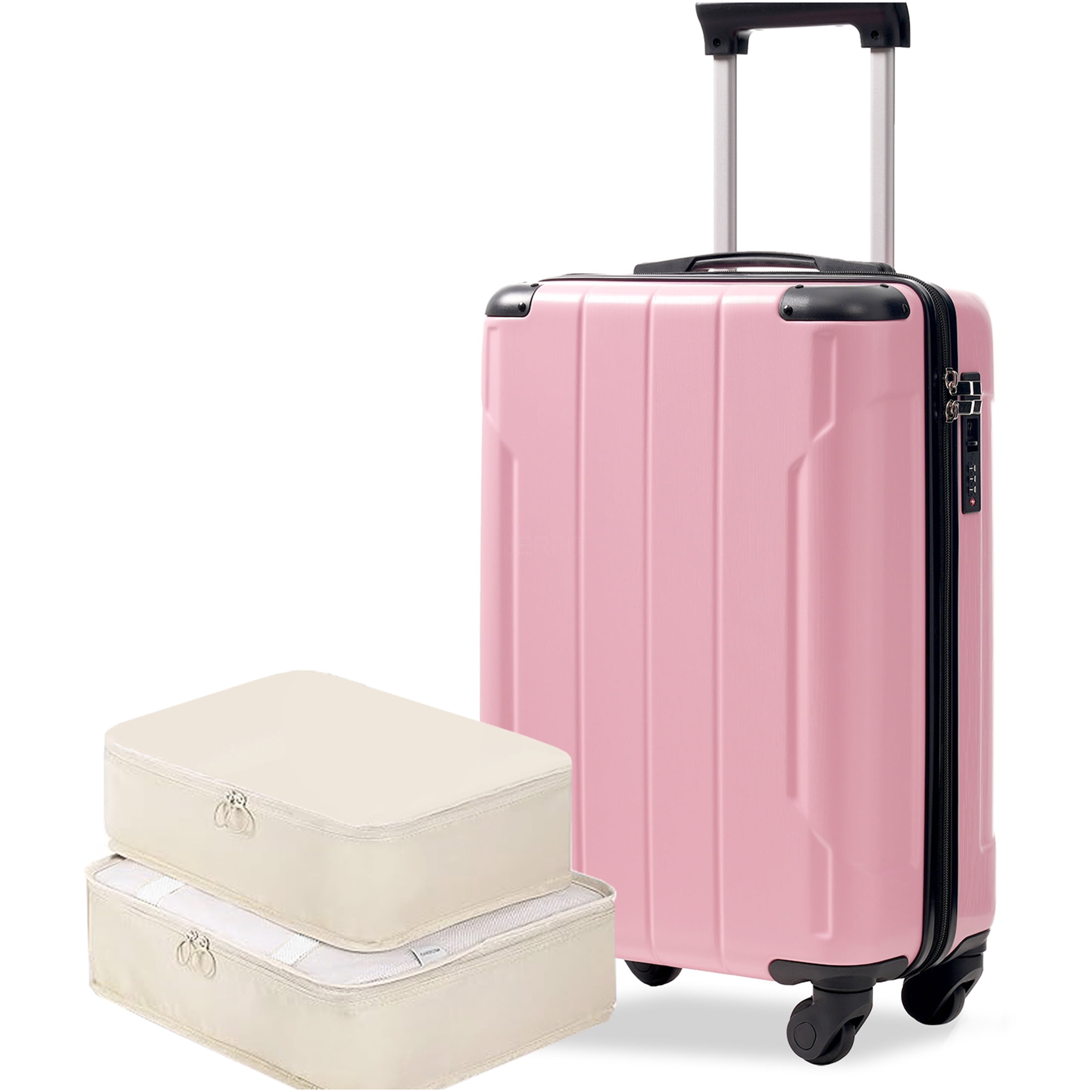 JERFIT 20-Inch Carry On Luggage with TSA Lock, Lightweight Hardshell Spinner Suitcase, 2 Packing Cubes, Pink ABS Cabin Bag for Women & Men
