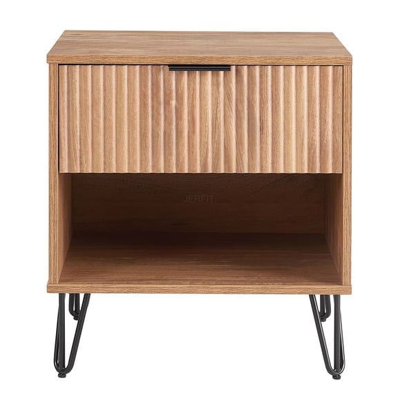 JERFIT 20 Inch Glam Nightstand with Gold Metal Legs, 1-Drawer Golden Brown Ribbed MDF Bedside Table for Bedroom