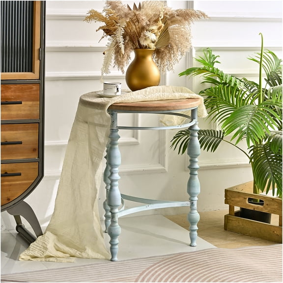 JERFIT 20 Inch Rustic Round Coffee Table with Carved Wood Top & Metal Legs, Easy Assembly Side Table for Living Room, Farmhouse Decor