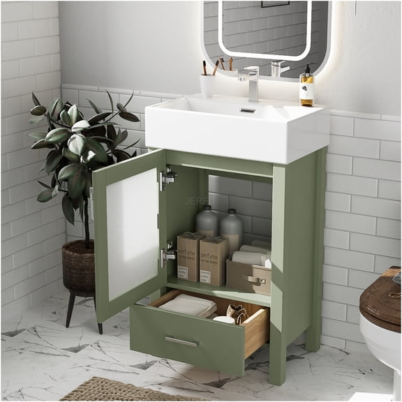 JERFIT 20 inch Green Bathroom Vanity with Sink, Free Standing Modern Storage Cabinet with Soft Close Door and Ceramic Basin for Small Space