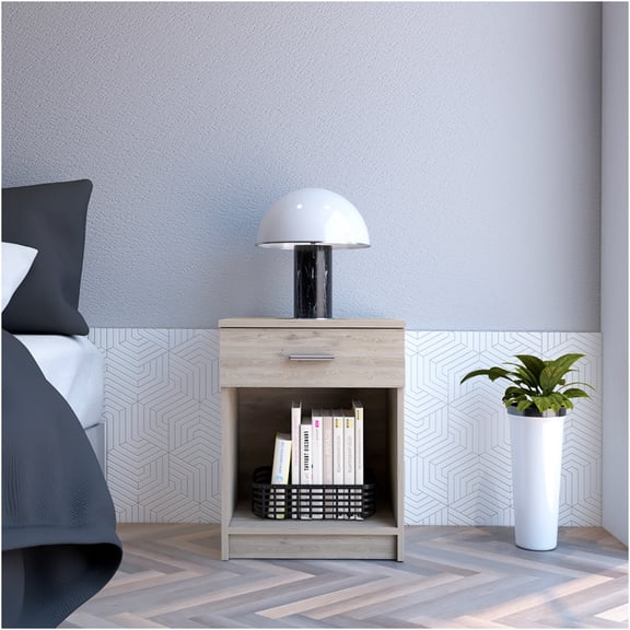 JERFIT 21-inch Modern Nightstand with Drawer & Open Shelf, Particle Board Bedside Table for Bedroom, Light Gray Finish