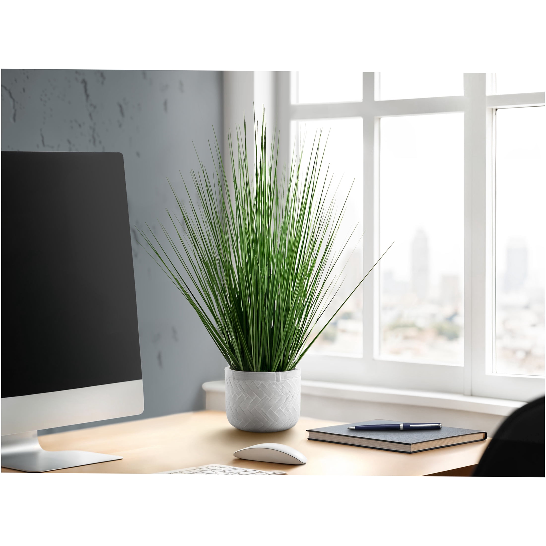 JERFIT 21 inch Real Touch Artificial Grass Plant in White Pot, Faux Potted Greenery for Indoor Tabletop Decor, Low Maintenance Fake Grass Plant