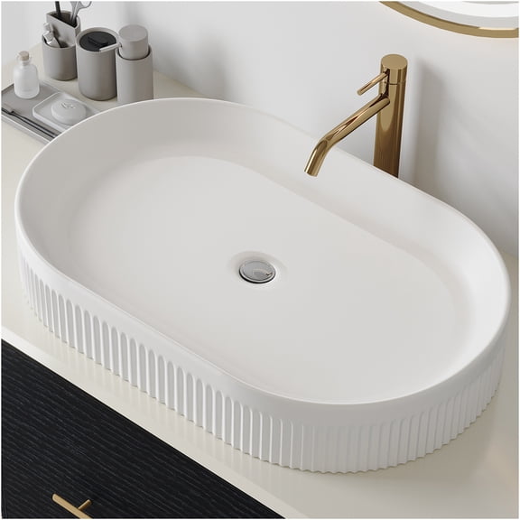 JERFIT 22.8 Inch White Ceramic Vessel Bathroom Sink Vanity Top, Oval Above Counter Basin with Pop-Up Drain, Contemporary Design