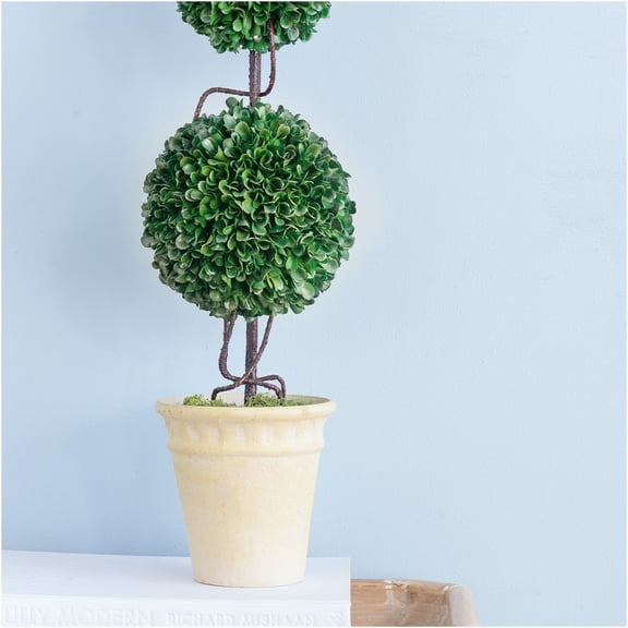 JERFIT 22" Artificial Boxwood Topiary Tree Potted in White Planter, Faux Double Ball Plant for Indoor Outdoor Home Office Decor, Low Maintenance