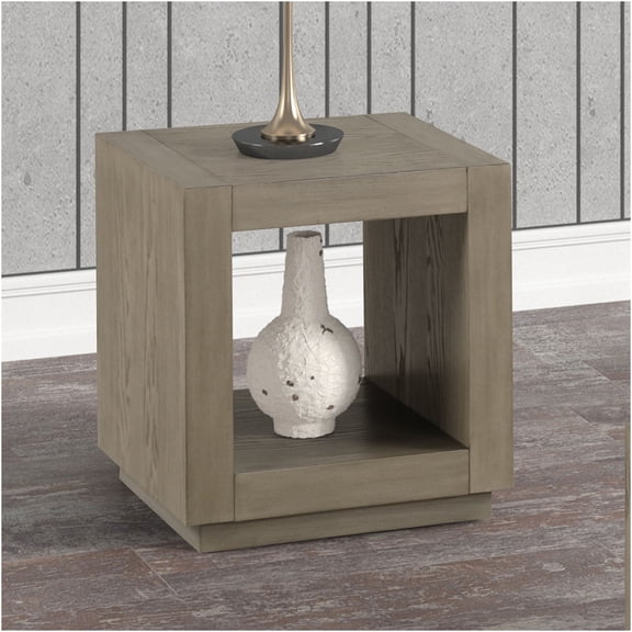 JERFIT 22 Inch Modern End Table with Open Shelf, Square Plinth Base Accent Table for Living Room, Natural Rubberwood Finish