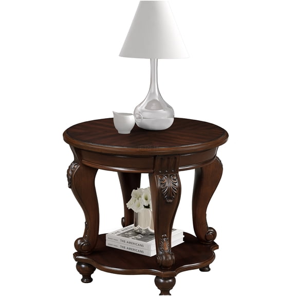 JERFIT 22 Inch Round End Table with Shelf, Cherry Retro Sofa Side Table for Living Room, Solid Wood Accent Table with Heat-Resistant Top, Easy Assembly