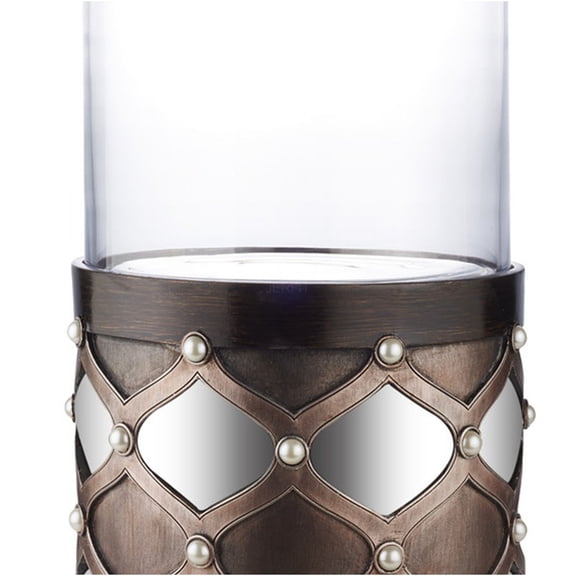 JERFIT 22 Inch Tall Arabesque Mirror Candle Holder with Glass Hurricane Shade, Espresso Brown Polyresin Base for Pillar Candles