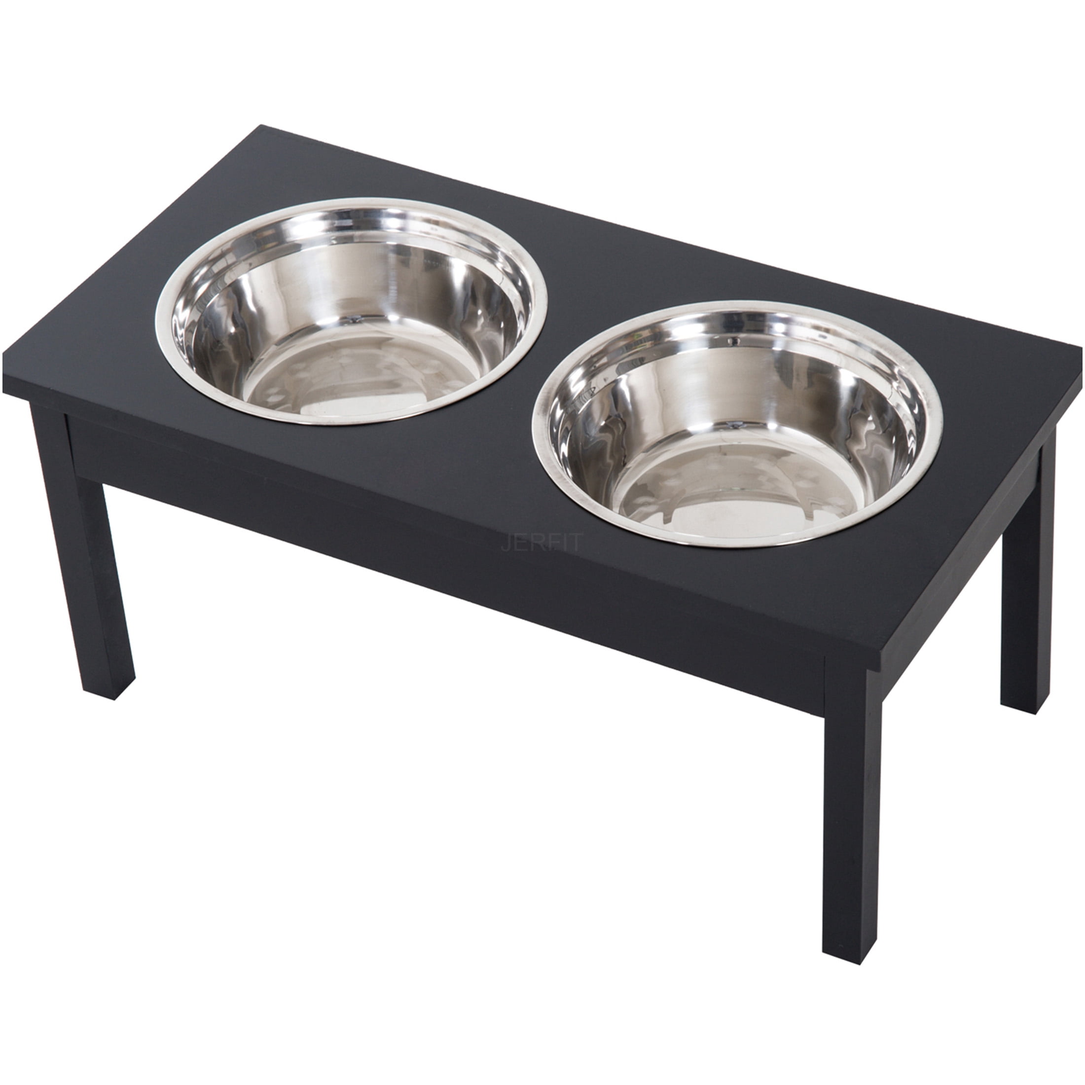 JERFIT 23 Inch Elevated Dog Feeder Stand with 2 Stainless Steel Bowls, Anti-Slip Pet Dining Station for Improved Digestion, Wooden Raised Food & Water Bowl Holder for Medium Large Dogs, Black