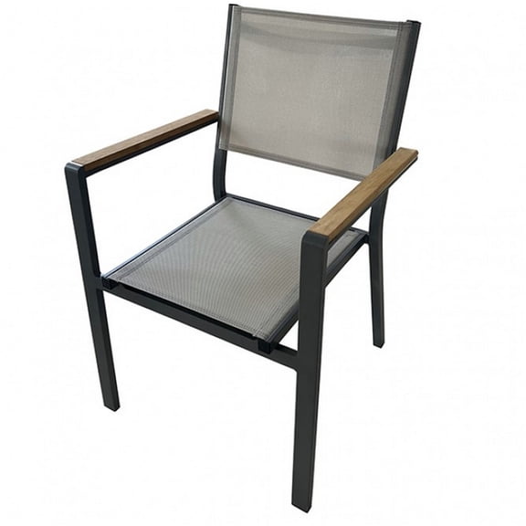 JERFIT 23 Inch Outdoor Patio Armchair with Teak Wood Armrests, Black Brown Aluminum Frame, All-Weather Modern Garden Lounge Chair for Poolside, Porch, Deck