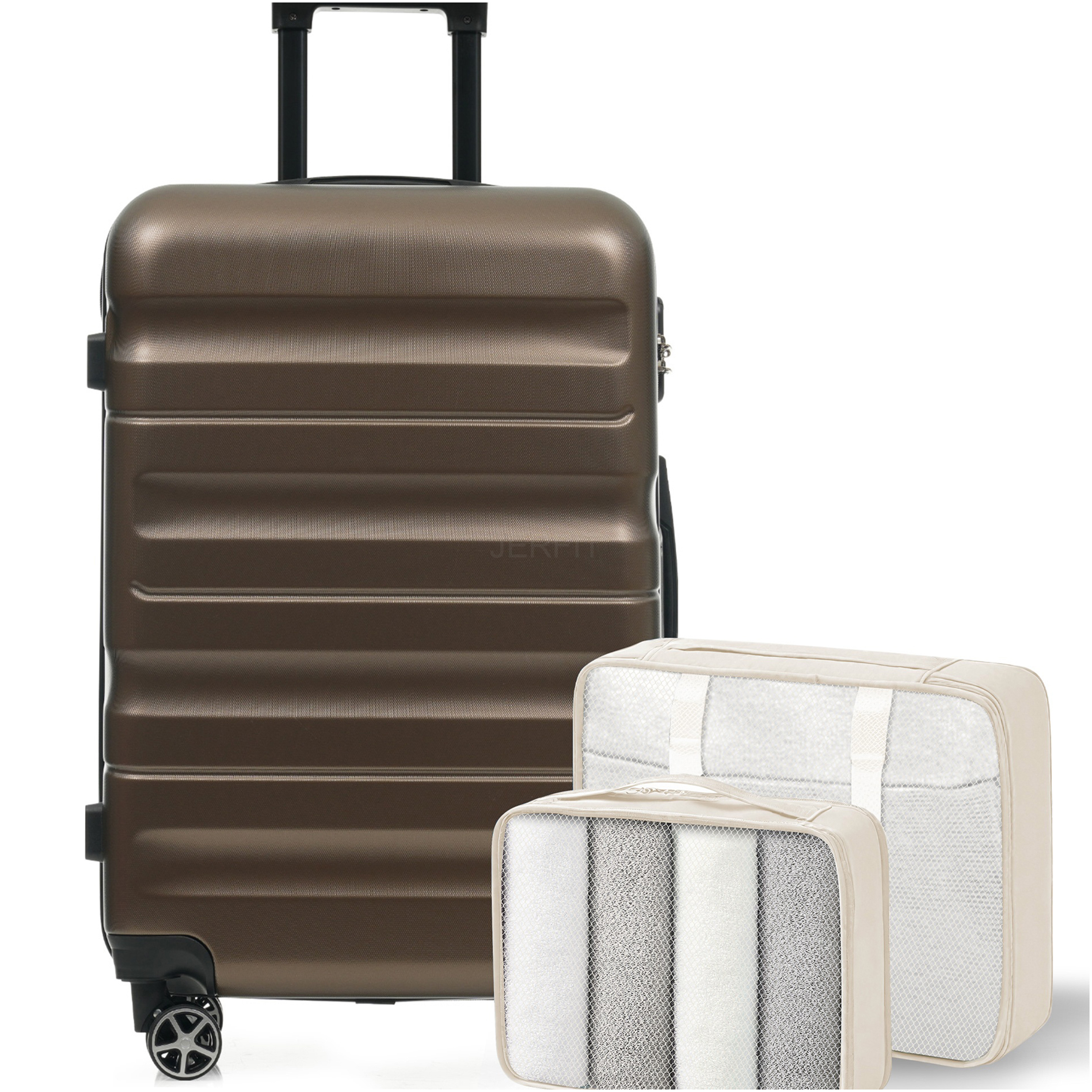 JERFIT 24 Inch Brown ABS Hardshell Checked Spinner Suitcase Luggage with Packing Cubes, Lightweight & Durable Travel Suitcase for Men and Women