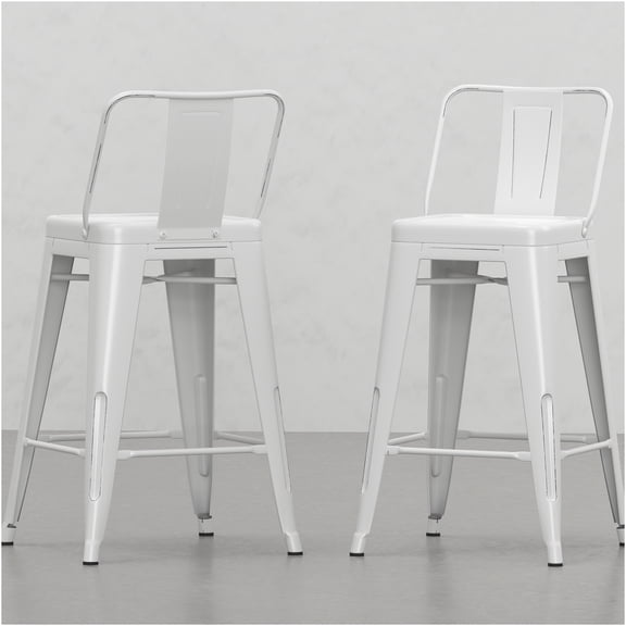 JERFIT 24 Inch Counter Stools Set of 2, Industrial Metal Bar Stools with Backs, Distressed White Kitchen Breakfast Nook Stools