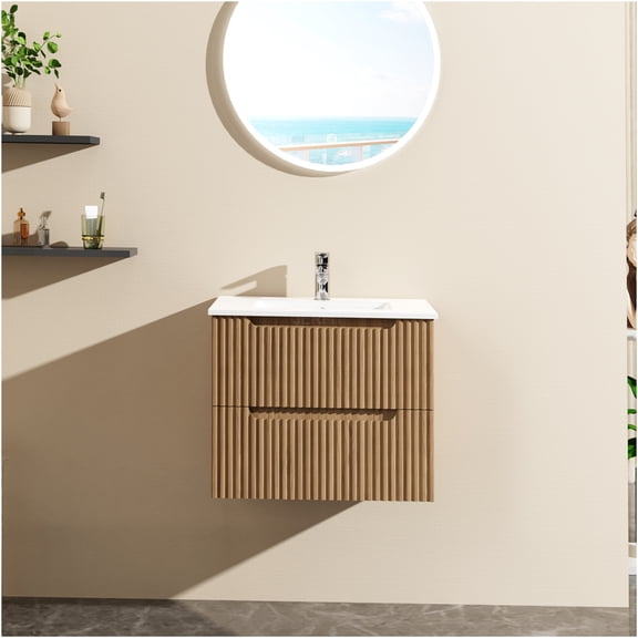 JERFIT 24 Inch Floating Bathroom Vanity with White Ceramic Sink, Wall Mount Storage Cabinet with Soft Close Drawers, Walnut Finish