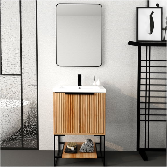 JERFIT 24 Inch Freestanding Bathroom Vanity with Resin Sink, Soft Close Door, Modern Maple Wood Storage Cabinet for Bathroom