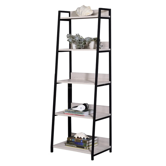 JERFIT 24 Inch Industrial Ladder Bookshelf, 5-Tier Leaning Shelf with Metal Frame for Living Room, Bedroom, Home Office Storage in Black and Natural Wood Finish