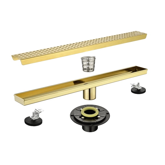 JERFIT 24 Inch Linear Shower Drain in Brushed Gold, Removable Quadrato Grate with Hair Catcher, Stainless Steel Channel Drain with Leveling Feet for Bathroom, Kitchen, Pool