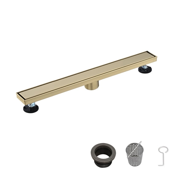 JERFIT 24" Linear Shower Drain in Brushed Gold, Removable Cover with Hair Strainer, Tile-In Insert Option, Anti-Rust 304 Stainless Steel Bathroom Floor Drain