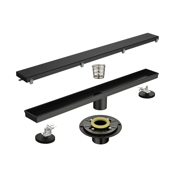 JERFIT 24" Linear Shower Drain in Matte Black, Stainless Steel Channel Drain with Removable Grille, Hair Strainer & Leveling Feet for Modern Bathroom, Kitchen, Pool