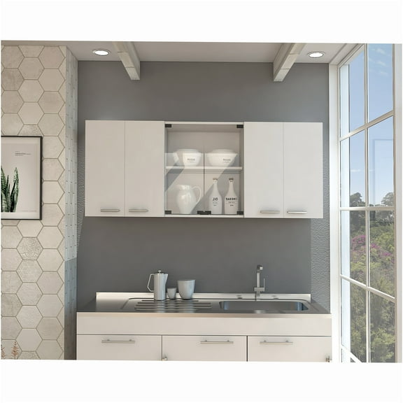 JERFIT 24" Modern White Wall Cabinet with Glass Doors, 4 Adjustable Shelves, Built-in Plate & Cup Rack for Kitchen Bathroom Storage