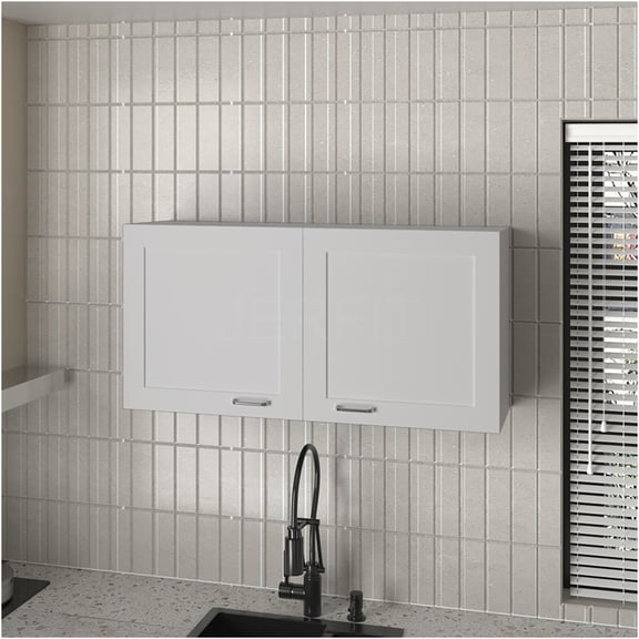 JERFIT 24" Modern White Wall Mount Kitchen Cabinet with Mirror Front & Glass Shelves for Storage