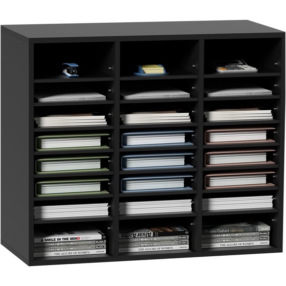 JERFIT 24 Tier Wood Desktop Organizer, Black Mail Sorter with Removable Dividers for Paper, Files, Books & Magazine, Particle Board Literature Rack for Office, Home, Classroom