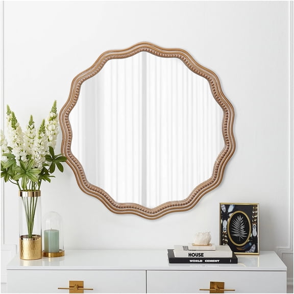 JERFIT 24" Wavy Edge Round Wall Mirror, Modern Farmhouse Wood Framed Decorative Hanging Circle Mirror for Bathroom, Living Room, Entryway Decor