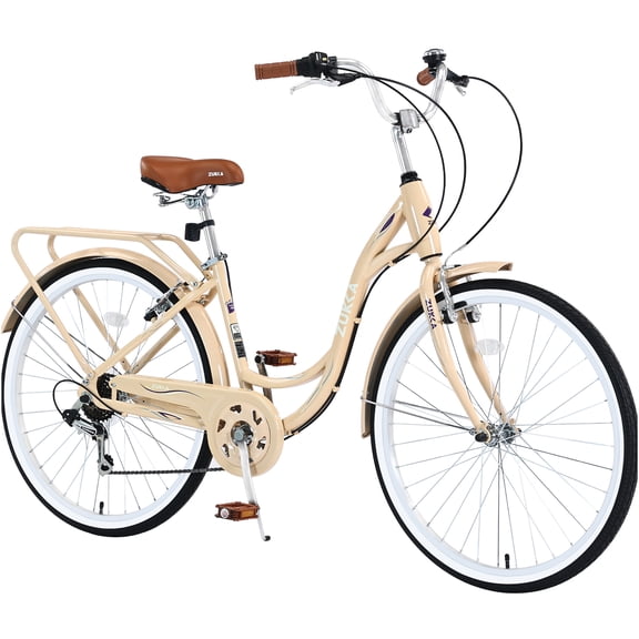 JERFIT 24" Women's 7-Speed City Bicycle with Steel Frame, Shimano Derailleur, Comfort Saddle & Easy Step-Thru Design, Ideal for Commuting and Leisure Riding (Beige)