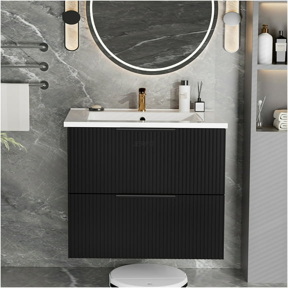 JERFIT 24 inch Floating Bathroom Vanity with Ceramic Sink, Wall Mounted Modern Fluted Design Storage Cabinet in Matte Black