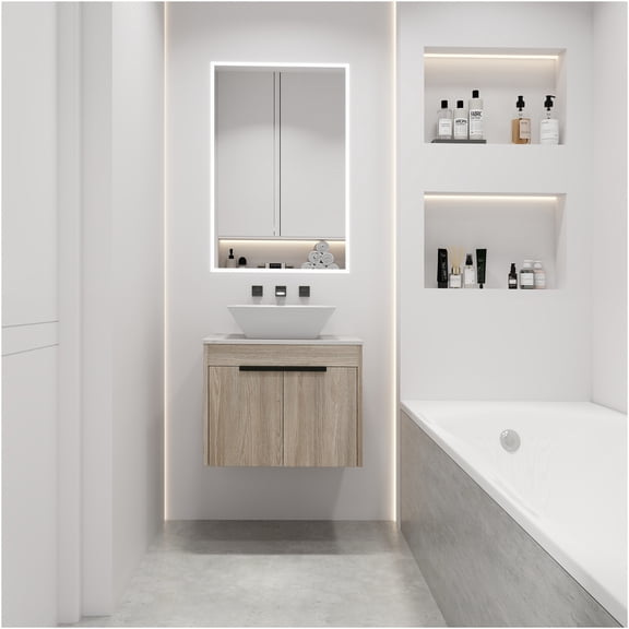 JERFIT 24 inch Floating Bathroom Vanity with Ceramic Sink, White Oak Wall Mount Cabinet with Soft Close Doors, Modern Storage Solution
