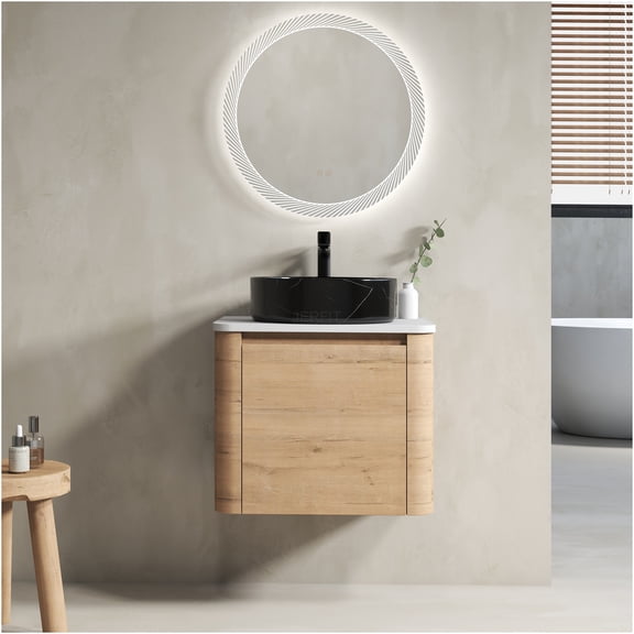 JERFIT 24 inch Floating Bathroom Vanity with Ceramic Vessel Sink, Modern Wall Mount Storage Cabinet with Soft Close Door, Imitative Oak Finish