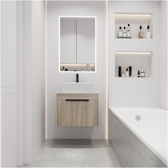 JERFIT 24 inch Floating Bathroom Vanity with Ceramic Vessel Sink, White Oak Wall Mounted Storage Cabinet with Soft Close Doors