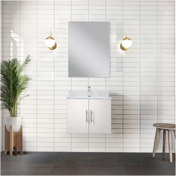 JERFIT 24 inch Glossy White Bathroom Vanity Set with Carrara Marble Top, Mirror & Chrome Faucet