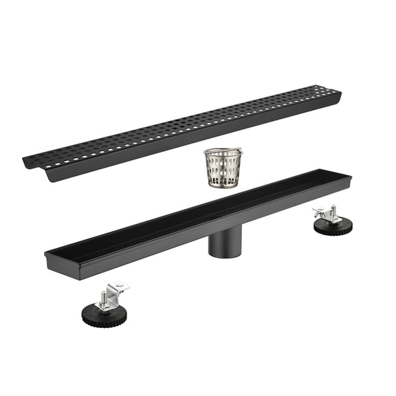 JERFIT 24 inch Linear Shower Drain with Quadrato Grate, Matte Black Stainless Steel Channel Drain with Hair Strainer and Leveling Feet for Bathroom, Kitchen, Shower Base