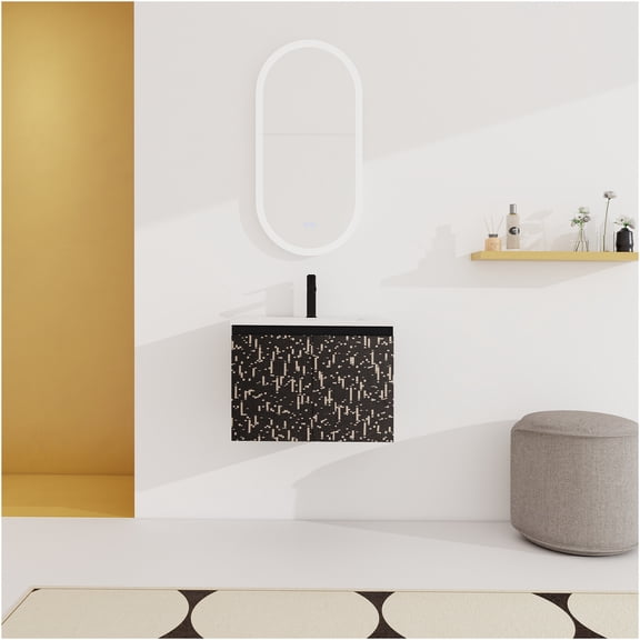 JERFIT 24 inch Modern Black Floating Bathroom Vanity with Ceramic Sink, Soft Close Doors & Water-Resistant Storage Cabinet