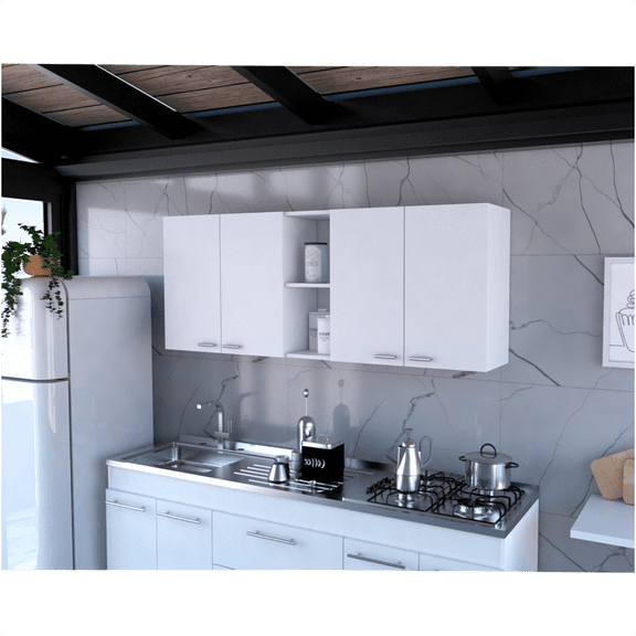 JERFIT 24 inch White Kitchen Wall Cabinet with 4 Doors, 2 Open Shelves & Built-in Dish Organizer, Freestanding Storage for Dining Room, Bathroom