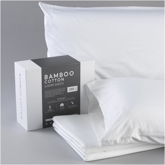 JERFIT 240 Thread Count Bamboo Cotton Blend Sheets Set - Breathable, Moisture Wicking & Ultra Soft - White Twin Long Bed Sheet