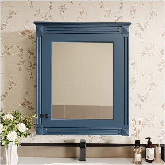 JERFIT 24x27 Inch Blue Wall Mounted Bathroom Mirror Medicine Cabinet with Adjustable Shelf, Over Toilet Storage Organizer for Small Space, Modern MDF & Metal Bath Cabinet