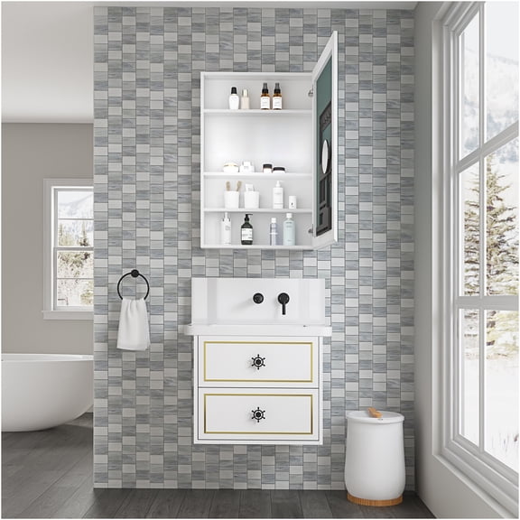 JERFIT 24x36 Inch White Surface Mount Medicine Cabinet with Mirror, Beveled Glass, Right Hinged Door & Adjustable Shelves for Bathroom Storage