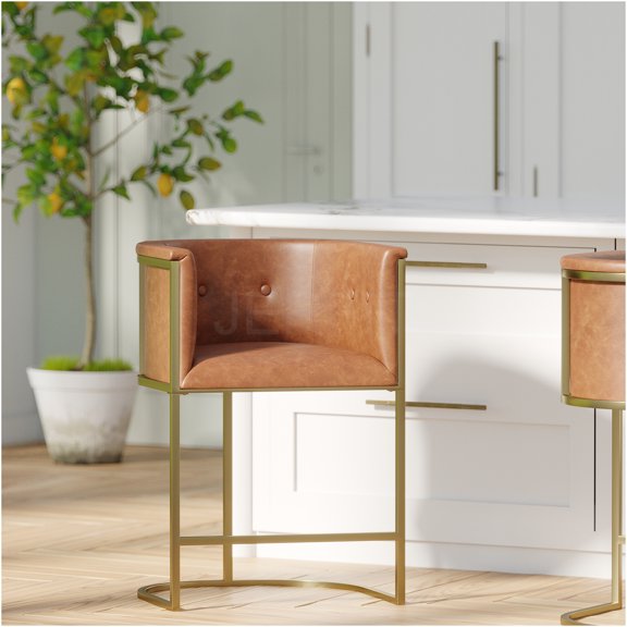 JERFIT 26 Inch Counter Stool, Modern Kitchen Island Stool with Tufted Back and Brass Finish Metal Base, Brown PU Leather Bar Stool for Home Decor
