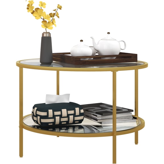 JERFIT 26 inch Round End Table with Storage, 2-Tier Tempered Glass Sofa Side Table, Gold Metal Frame Coffee Table for Living Room, Bedroom