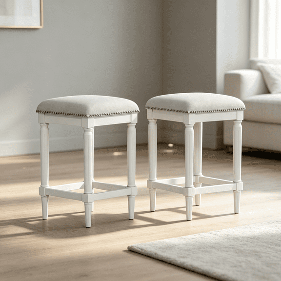 JERFIT 27 Inch Counter Stool with Upholstered Seat, Farmhouse to Traditional Style, Square Wood Bar Stool for Kitchen Island, White