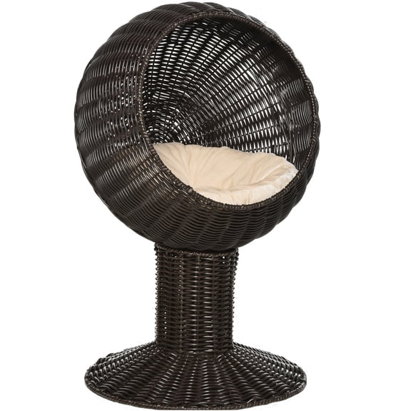 JERFIT 27 inch Elevated Cat Bed with Cushion, Rotating Rattan Pet House for Indoor Cats, Scratch-Resistant Perch with Waterproof Fabric, Brown