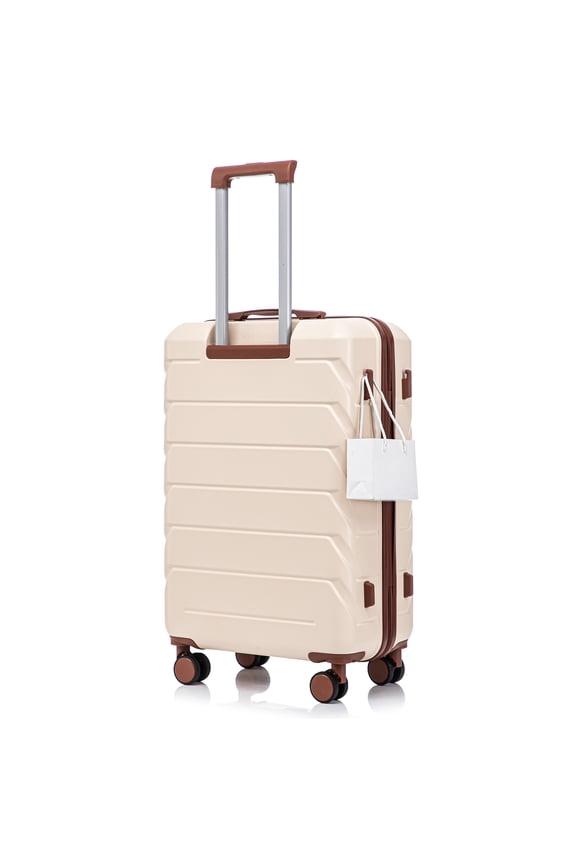 28 Inch Checked Luggage with Spinner Wheels, ABS Hard Shell Suitcase, TSA Lock, Beige Large Travel Suitcase