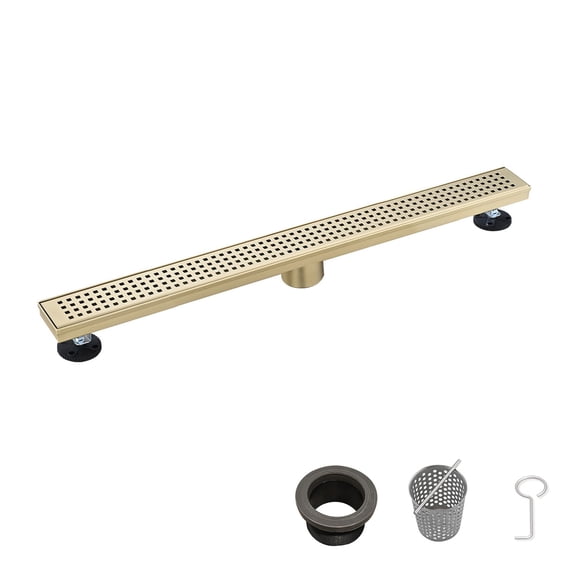 JERFIT 28" Linear Shower Drain Brushed Gold, Stainless Steel Quadrato Grate, Removable Cover with Hair Catcher, Anti-Clog Floor Drain for Bathroom, Kitchen, Balcony