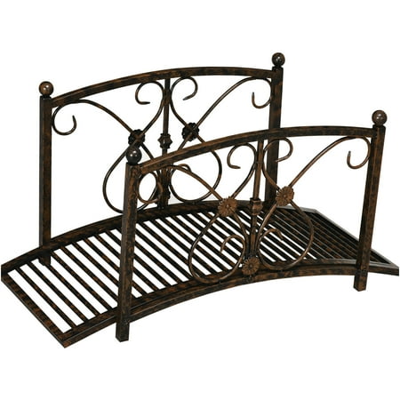 JERFIT 3.3FT Decorative Metal Garden Bridge with Floral Scrollwork, Arched Footbridge for Ponds, Streams & Landscaping, 264lb Capacity, Weather-Resistant Brown Finish